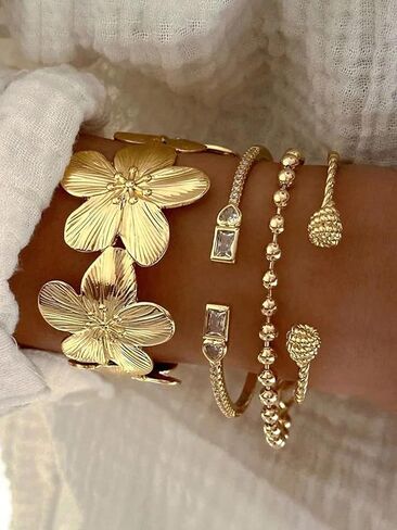 Gold Bangle Bracelets for Women, Dainty Floral 14K Gold Plated Bangles Cuffs Stackable Set, Multi Layer Chunky Bracelets for Women Jewelrys Set in Saudi Arabia