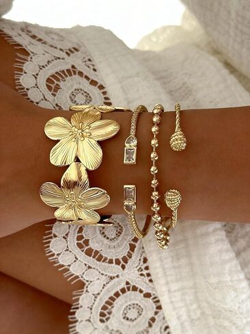 Gold Bangle Bracelets for Women, Dainty Floral 14K Gold Plated Bangles Cuffs Stackable Set, Multi Layer Chunky Bracelets for Women Jewelrys Set in Saudi Arabia