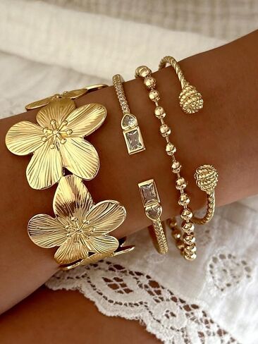 Gold Bangle Bracelets for Women, Dainty Floral 14K Gold Plated Bangles Cuffs Stackable Set, Multi Layer Chunky Bracelets for Women Jewelrys Set in Saudi Arabia