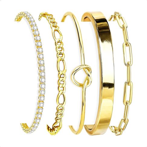 HERIER Gold Bracelets for Women 18k Gold Plated Bracelet Stack Bangle Cuff Bracelet Set for Women Non Tarnish Beaded/Paperclip/Cuban Link Chain Bracelets Jewelry for Women Trendy in Saudi Arabia