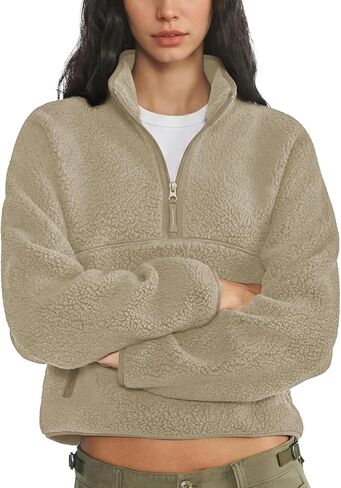 Fleece Sweatshirts for Women Cropped Long Sleeve Half Zip Pullover Sherpa Jacket Warm Fuzzy Coats with Pockets in Saudi Arabia