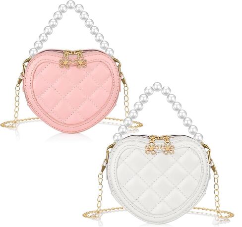 2 Pack Heart Shaped Children Crossbody Bag, Little Girl Purses with Pearl Handle, Mini Cute Kid Purse with Chain Strap, Princess Handbag Wallet Gift for Kids, Easter, Birthday Gift in Saudi Arabia