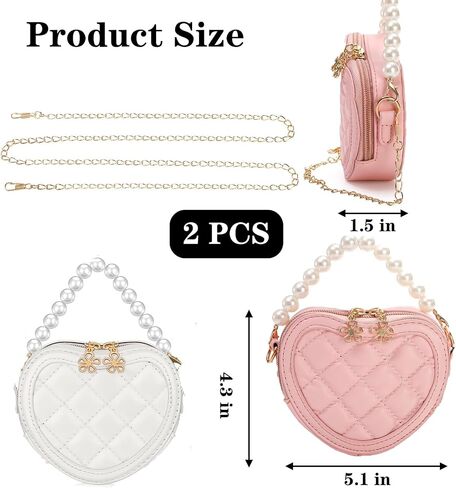 2 Pack Heart Shaped Children Crossbody Bag, Little Girl Purses with Pearl Handle, Mini Cute Kid Purse with Chain Strap, Princess Handbag Wallet Gift for Kids, Easter, Birthday Gift in Saudi Arabia