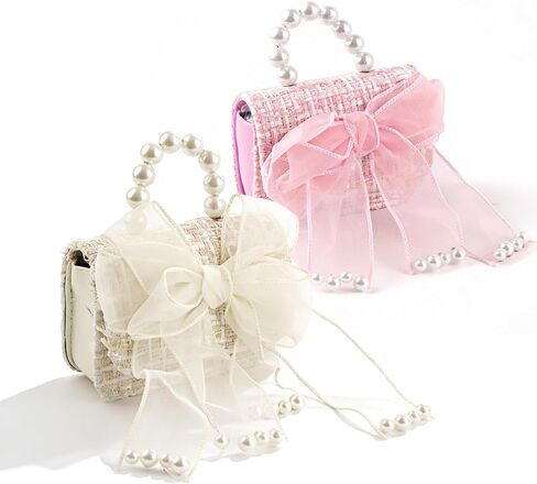 2 Pack Cute Purses for Little Girls, Mini Cute Handbags for Women, Elegant Princess Crossbody Bag with Bowknot, Detachable Gold Chain & Pearl Handle (Pink/Beige, 5.1"×4.7"×1.96") in Saudi Arabia
