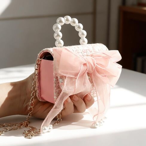 2 Pack Cute Purses for Little Girls, Mini Cute Handbags for Women, Elegant Princess Crossbody Bag with Bowknot, Detachable Gold Chain & Pearl Handle (Pink/Beige, 5.1"×4.7"×1.96") in Saudi Arabia