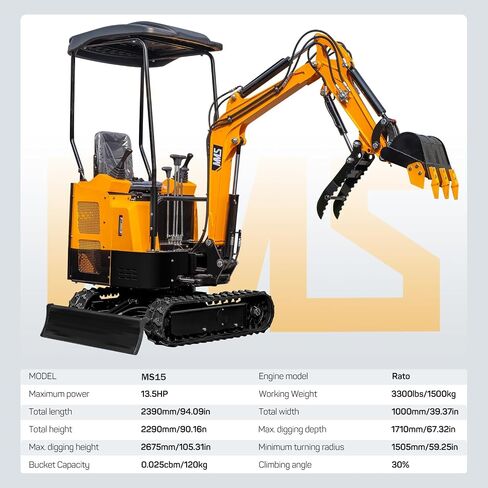 MS06 0.6 Ton Mini Excavator 9.3 HP Gas Engine with Side Swing Boom, Thumb Clamp, Rake, Ripper, Narrow Bucket, Digger Machine for Backyard Landscaping Garden Tight Spaces Construction in Saudi Arabia