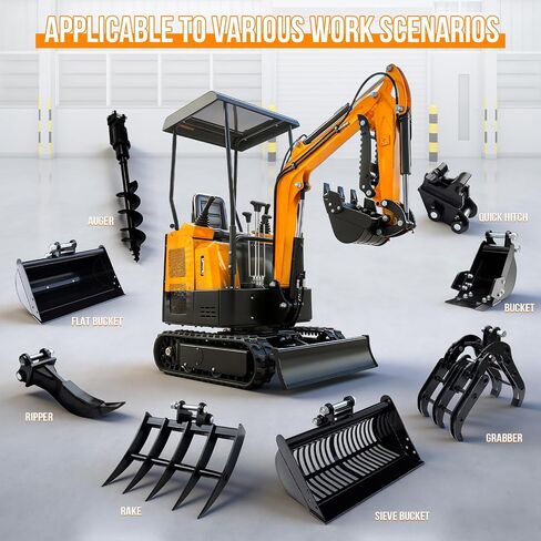 MS06 0.6 Ton Mini Excavator 9.3 HP Gas Engine with Side Swing Boom, Thumb Clamp, Rake, Ripper, Narrow Bucket, Digger Machine for Backyard Landscaping Garden Tight Spaces Construction in Saudi Arabia