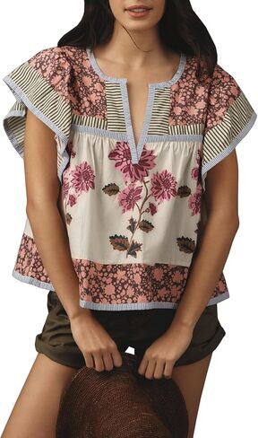 Womens Summer Floral Boho Tops Flutter Short Sleeve V Neck Patchwork Y2K Peplum Babydoll Blouse Shirts in Saudi Arabia