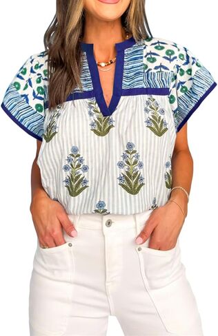 Womens Summer Floral Boho Tops Flutter Short Sleeve V Neck Patchwork Y2K Peplum Babydoll Blouse Shirts in Saudi Arabia