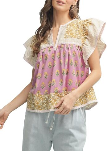 Womens Summer Floral Boho Tops Flutter Short Sleeve V Neck Patchwork Y2K Peplum Babydoll Blouse Shirts in Saudi Arabia