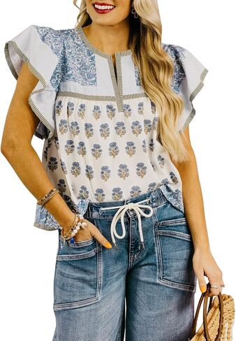 Womens Summer Floral Boho Tops Flutter Short Sleeve V Neck Patchwork Y2K Peplum Babydoll Blouse Shirts in Saudi Arabia