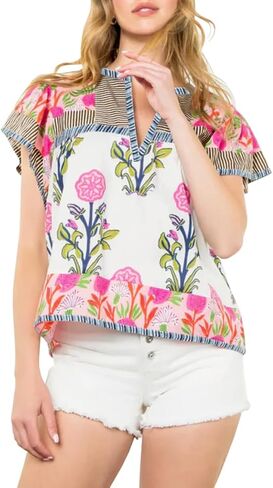 Womens Summer Floral Boho Tops Flutter Short Sleeve V Neck Patchwork Y2K Peplum Babydoll Blouse Shirts in Saudi Arabia