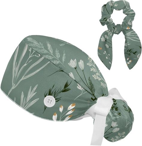 Women’s Working Cap with Button and Ribbon Tie, Long Hair with Hair Band Sage Color Line Leaves and Twig on Beige Background in Saudi Arabia
