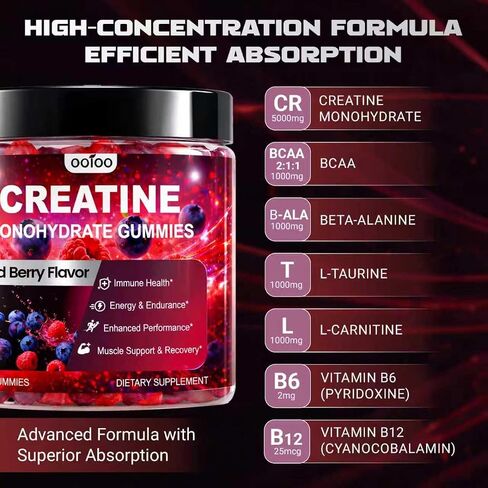 ooioo Creatine Monohydrate Gummies for Men & Women – Boost Focus, Stamina & Muscle Growth – Sugar Free, Vegan, with L-Taurine, BCAA 2:1:1, B12 & B6 – Mixed Berry Flavor – 120 Gummies in Saudi Arabia
