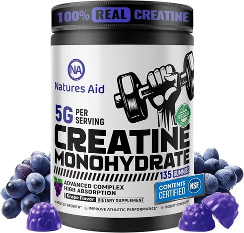 Natures Aid NSF Certified Creatine Gummy 5g - Creatine Monohydrate Gummies – Pre-Workout Energy & Muscle Growth Support for Men & Women | Blueberry Electrolyte Gummies (135 Count) in Saudi Arabia
