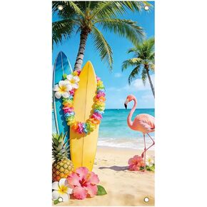 Hawaiian Summer Banner Door Cover Vertical Colorful Tropical Design Party Backdrop Photo Props with Flamingos, Lei, Tropical Flowers, Polyester, for Luaus, Pool Parties, Vacation Themed Events in Saudi Arabia