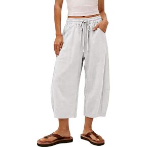 Linen Capri Pants for Women 2026 Summer Casual Flowy Barrel Wide Leg Drawstring Elastic Waist Trousers with Pockets in Saudi Arabia