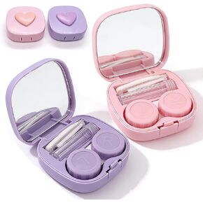 Contact Lens Case Travel Kit, Leakproof Cute Contact Lenses Applicator Remover Tool with Mirror Solution Bottle for Daily Outdoor Pink Purple (2 Pack) in Kuwait