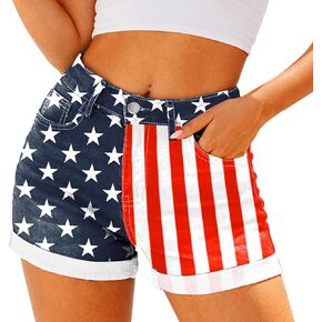 Women July 4th Jeans Shorts Stretchy American Flag Denim Shorts in Kuwait