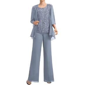 Chiffon Mother of The Bride Pant Suits 3 Pieces Lace Appliques Formal Pantsuit for Wedding Guest in Saudi Arabia