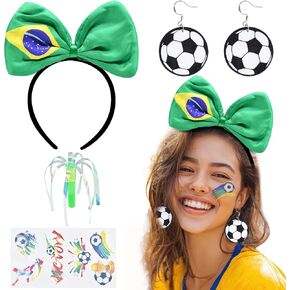 Brazil Soccer Fan Accessories Set for Adults – Brazil Flag Bow Headband, Soccer Ball Earrings, Tattoo Stickers and Cheer Wand for Football Game Day, Sports Party and Team Support in Saudi Arabia