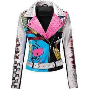 RISISSIDA Women Faux Leather Jacket Studded Rivet Spring Fall Fashion, Hip-Length Moto Biker Trendy Clothes Streetwear Belted in Saudi Arabia
