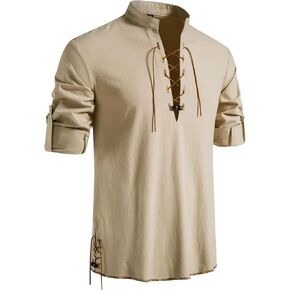 LucMatton Men's Retro Lace-Up Medieval Renaissance Long Sleeve Shirt Pirate Viking Steampunk Gothic Victorian Costume in Saudi Arabia