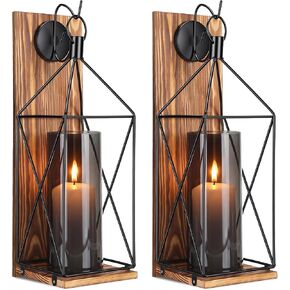 Set of 2 Wall Candle Sconces Farmhouse Wood Candle Holder Indoor Rustic Black Metal Lantern Decorations for Living Room Dining Room Entryway Porch Yard Decor in Saudi Arabia