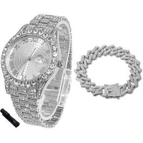Halukakah Diamonds Watch Iced Out for Boy Teens - 18K Real Gold/Platinum Plated - 42mm Round Dial - 8" Length - Optional with Cuban Link Chain, with Adjuster Tool - Goldfoil Giftbox in Kuwait