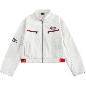 Women’s Cropped Moto Biker Jacket PU Leather Short Racing Coat with Stand Collar, Zip Pockets in Saudi Arabia