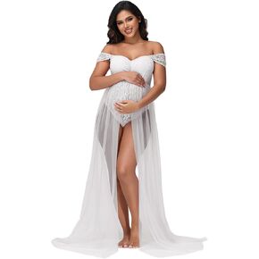 Maternity Sexy Lace Mesh Drop Sleeves Bodysuits Maxi Photography Dress for Photoshoot Split Tail Pregnancy Outfits in Kuwait