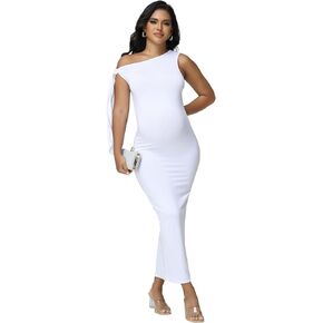 Maternity Asymmetrical Neck Tie Baby Shower Dress for Photoshoot Elegant Solid Back Split Party Long Dress Gown in Kuwait
