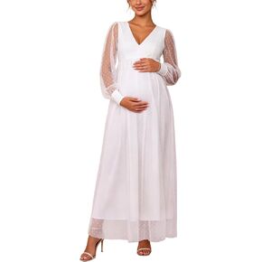 Maternity Maxi Dress Long Sheer Polka Dot Tulle Sleeve V-Neck Empire Waist for Photoshoot in Saudi Arabia