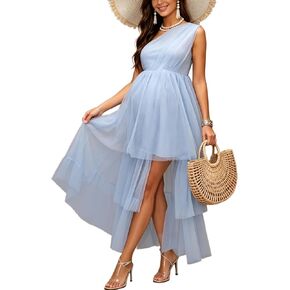 One Shoulder Tulle Maternity Dress Sleeveless Tiered Ruffle Maxi Dress for Baby Shower Photoshoot in Saudi Arabia