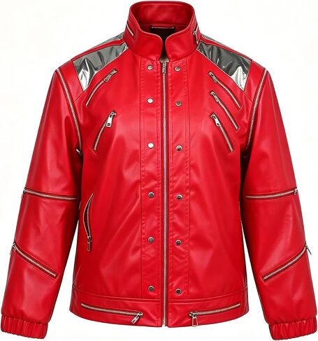 Kids Dance Star Costume Boys 80s 90s Pop King Cosplay Retro Zipper PU Leather Jacket with Pockets in Kuwait