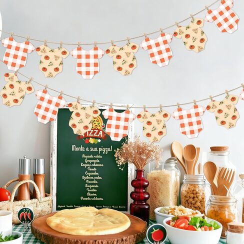 Pizza Themed Baby Shower Bunting Banner Red Checkered Onesie Garland with Wooden Clips for Little Slice of Heaven, Pizza First Birthday, Italian Themed Party Decorations in Saudi Arabia