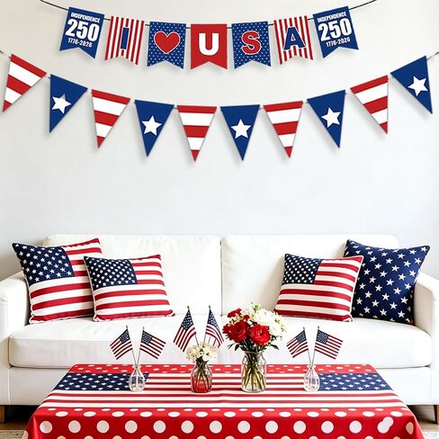4th of July Decorations American Flag Banner Red White and Blue Bunting Flags for 250th Independence Day Memorial Day Patriotic Decorations July 4th Decor in Kuwait