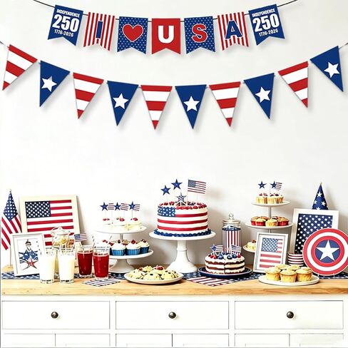 4th of July Decorations American Flag Banner Red White and Blue Bunting Flags for 250th Independence Day Memorial Day Patriotic Decorations July 4th Decor in Kuwait