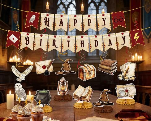 Wizard Birthday Party Decorations Set – Banner, Hanging Swirls & Honeycomb Centerpieces for Magical Wizard-Themed Celebration in Saudi Arabia
