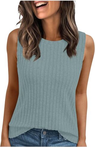 Womens Sweater Tank Tops Fashion Casual Sleeveless Crew Neck Undershirts Beach Vacation Basic Shirts Summer Outfits in Kuwait
