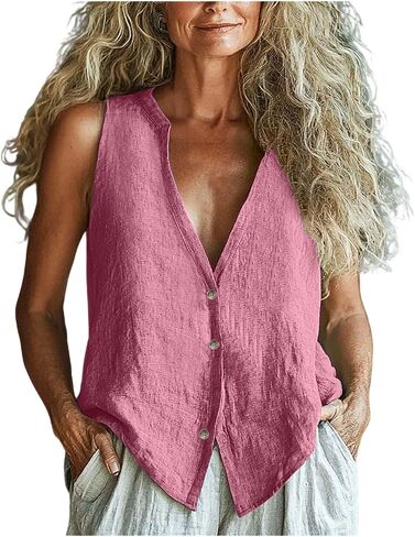 Womens Button Down Vest Shirts Sleeveless Tank Tops Fully Lined Deep V Neck Casual Tank Tops Loose Fit Waistcoat in Kuwait