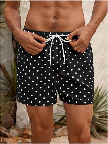 WDIRARA Men's Polka Dots Swim Trunks Drawstring Waist Beach Vacation Board Shorts with Pockets in Kuwait