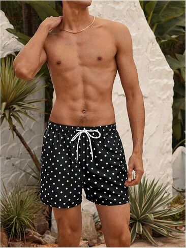 WDIRARA Men's Polka Dots Swim Trunks Drawstring Waist Beach Vacation Board Shorts with Pockets in Kuwait