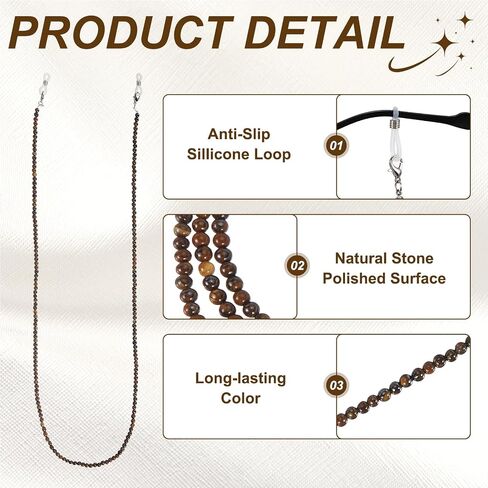 MECCANIXITY Glasses Chain for Women, Natural Stone Beaded Eyeglass Holder Necklace, 28 Inch Bohemia Crystal Sunglasses Strap Lanyard with Silicone Loops, Brown in Kuwait