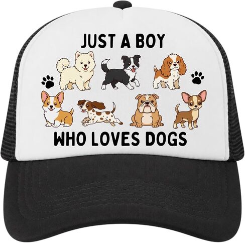 Just a Boy Who Loves Dogs Kids Trucker Hat, Dog Lover Hat for Boys, Cute Puppy Cap White and Black in Saudi Arabia