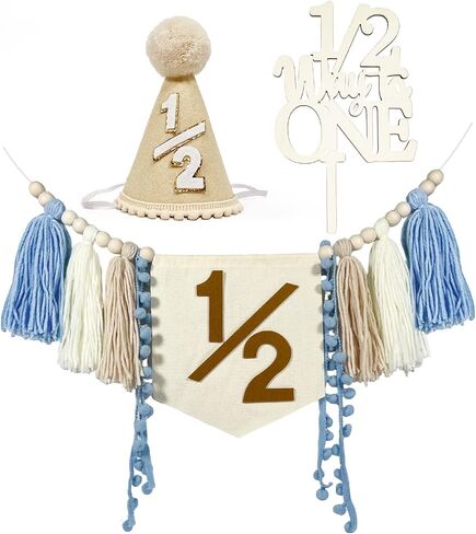 1/2 Birthday Decorations, 1/2 Boho High Chair Banner Soft Felt Half Birthday Cone Hat and Cake Topper, 6 Month Halfway to One Party Decorations, Half Year Baby Boy Photoshoot Props (Blue&Beige) in Saudi Arabia