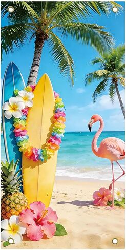 Hawaiian Summer Banner Door Cover Vertical Colorful Tropical Design Party Backdrop Photo Props with Flamingos, Lei, Tropical Flowers, Polyester, for Luaus, Pool Parties, Vacation Themed Events in Saudi Arabia