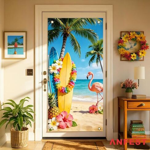 Hawaiian Summer Banner Door Cover Vertical Colorful Tropical Design Party Backdrop Photo Props with Flamingos, Lei, Tropical Flowers, Polyester, for Luaus, Pool Parties, Vacation Themed Events in Saudi Arabia