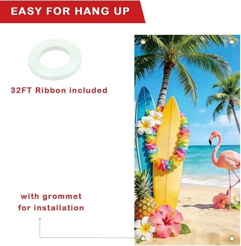 Hawaiian Summer Banner Door Cover Vertical Colorful Tropical Design Party Backdrop Photo Props with Flamingos, Lei, Tropical Flowers, Polyester, for Luaus, Pool Parties, Vacation Themed Events in Saudi Arabia