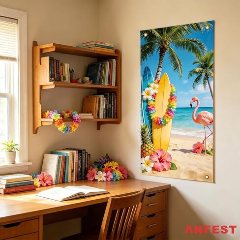 Hawaiian Summer Banner Door Cover Vertical Colorful Tropical Design Party Backdrop Photo Props with Flamingos, Lei, Tropical Flowers, Polyester, for Luaus, Pool Parties, Vacation Themed Events in Saudi Arabia